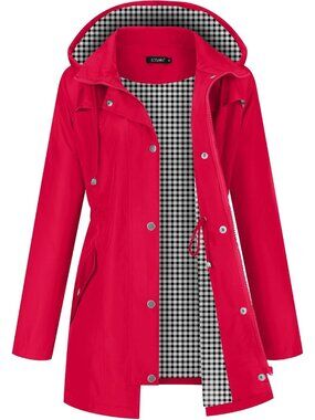 Women's Red Hooded Plaid Lined Waterproof Hiking Windbreaker Trench Rain Coat